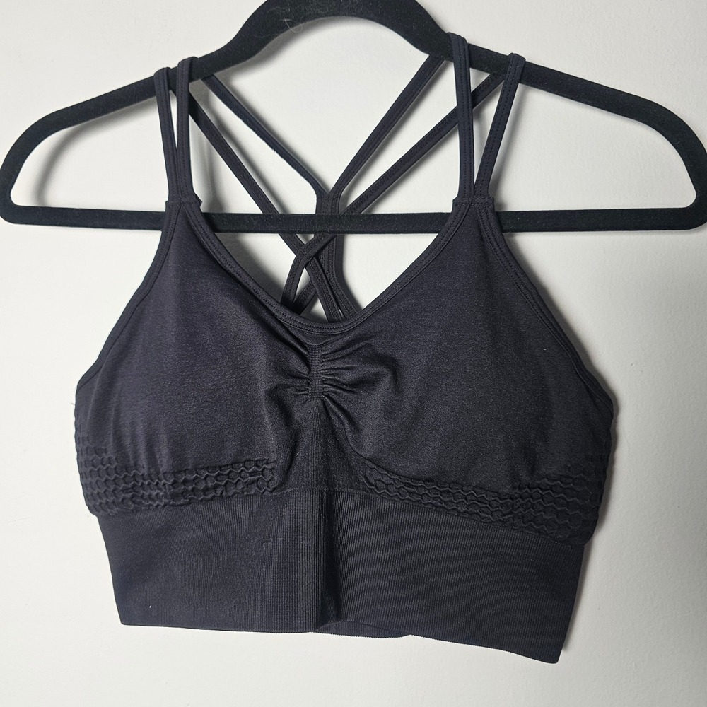 Halara Women Seamless Longline Sports Bra M Black Strappy Back Athleisure 712850